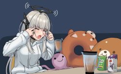 Rule 34 | black choker, blender (object), blonde hair, blunt bangs, choker, closed eyes, colored inner hair, commentary request, drawstring, eru nabura, finger to head, floating, floating object, glass, hair intakes, halo, headset, hood, hoodie, indie virtual youtuber, long hair, long sleeves, mechanical halo, milk carton, milo (drink), multicolored hair, open mouth, sidelocks, spanish commentary, stuffed animal, stuffed toy, virtual youtuber, white hair, white hoodie, yof (sc gazer)
