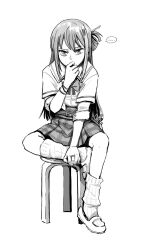 Rule 34 | 1girl, alina gray, belt pouch, bow, bowtie, chair, full body, greyscale, hand to own mouth, layered sleeves, long hair, long sleeves, looking at viewer, loose socks, magia record: mahou shoujo madoka magica gaiden, mahou shoujo madoka magica, monochrome, on chair, pinup (style), plaid, plaid skirt, pouch, sakae general school uniform, school uniform, shirt, shoes, short over long sleeves, short sleeves, side-tie shirt, silverxp, simple background, single hair ring, sitting, skirt, sleeve cuffs, sleeves rolled up, socks, solo, thinking, white background, wing collar