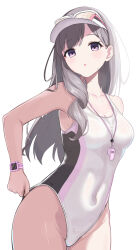 Rule 34 | 1girl, absurdres, adjusting clothes, adjusting swimsuit, aoi momiji, blush, breasts, cleavage, collarbone, completely nude, covered navel, grey hair, groin, highleg, highleg swimsuit, highres, idolmaster, idolmaster shiny colors, long hair, looking at viewer, medium breasts, nude, official alternate costume, purple eyes, simple background, solo, swimsuit, two-tone one-piece swimsuit, very long hair, visor cap, watch, whistle, whistle around neck, white background, wristwatch, yukoku kiriko