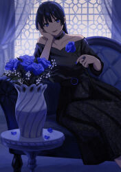 Rule 34 | 1girl, absurdres, belt, black dress, black hair, blue eyes, blue flower, blue nails, blue rose, blue theme, breasts, chair, choker, closed mouth, collarbone, curtains, dress, dyuba000, flower, hand on own chest, highres, holding, holding flower, indoors, jewelry, light smile, long hair, looking at viewer, nail polish, o-ring, o-ring belt, original, petals, ring, rose, rose petals, sitting, small breasts, solo, strapless, strapless dress, table, vase, white flower, window