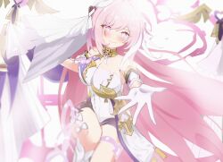 Rule 34 | 1girl, absurdres, bare shoulders, bell, black shorts, blush, breasts, bridal garter, cleavage, clothing cutout, elysia (herrscher of human: ego) (honkai impact), elysia (honkai impact), gloves, hair between eyes, highres, honkai (series), honkai impact 3rd, large breasts, long hair, looking at viewer, pink eyes, pink hair, pink pupils, shirt, short shorts, short sleeves, shorts, side cutout, solo, tangcu, triquetra, white background, white gloves, white shirt, white veil