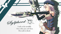 Rule 34 | 1girl, absurdres, breasts, bug, bullet hole, butterfly, detached sleeves, dual wielding, eiyuu densetsu, english text, fie claussell, from side, green eyes, gun, gunblade, hair between eyes, hat, highres, holding, holding gun, holding weapon, insect, long hair, sen no kiseki, sen no kiseki iii, shadow, silhouette, skirt, small breasts, solo, thighhighs, weapon, white hair, witch f