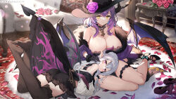 Rule 34 | 2girls, arm support, ass, bare shoulders, black choker, black dress, black footwear, black hat, black horns, black skirt, black thighhighs, black wings, braid, breasts, butterfly ornament, chain, choker, cleavage, closed mouth, collarbone, copyright notice, couch, cushion, demon girl, demon horns, demon tail, demon wings, detached sleeves, dot nose, dress, feet up, flower, fur-trimmed gloves, fur rug, fur shawl, fur trim, gloves, gold chain, grey hair, grey wings, hair between eyes, hand in another&#039;s hair, hand on another&#039;s thigh, hat, hat flower, high heels, horns, indoors, lace, lace-trimmed dress, lace-trimmed skirt, lace trim, lap pillow, large breasts, lifted by tail, long hair, long sleeves, looking at another, looking at viewer, luce (lumina prognosis), lumina prognosis, lying, mole, mole on breast, multiple girls, no shoes, off shoulder, official art, on floor, on stomach, orsola (lumina prognosis), parted lips, petals, pink flower, pink petals, pink rose, pointy ears, puffy short sleeves, puffy sleeves, purple eyes, purple flower, purple footwear, purple hair, purple horns, purple rose, purple sleeves, rose, rose petals, rug, satsuki misuzu, shawl, shirt, shoes, short sleeves, sitting, skirt, smile, sunlight, table, tail, tail raised, thigh strap, thighhighs, unworn shoes, white shirt, wide sleeves, wing ornament, wings, witch hat, wrist cuffs, yellow eyes, yokozuwari