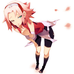 Rule 34 | 1girl, arm warmers, bare shoulders, bent over, bike shorts, black footwear, blush, boots, finger to mouth, flat chest, foreshortening, full body, green eyes, half-closed eyes, haruno sakura, headband, headdress, knee boots, konohagakure symbol, leaning forward, legs, looking at viewer, md5 mismatch, miniskirt, naruto (series), naruto shippuuden, one eye closed, open mouth, petals, pigeon-toed, pink hair, pink skirt, rassie s, red shirt, shadow, shirt, shoes, short hair, shorts, shorts under skirt, side slit, simple background, skin tight, skirt, sleeveless, sleeveless shirt, solo, spandex, standing, toeless footwear, toes, white background, wink