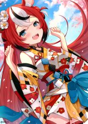 Rule 34 | absurdres, animal ears, artist name, black hair, blue eyes, cherry blossoms, detached sleeves, dvdarts, flower, hair flower, hair ornament, hakos baelz, hakos baelz (new year), highres, hololive, hololive english, japanese clothes, kimono, looking at viewer, mouse ears, multicolored hair, open mouth, red hair, sharp teeth, smile, solo, teeth, thighhighs, virtual youtuber, watermark, white hair, zettai ryouiki