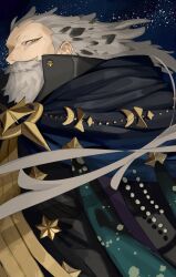 Rule 34 | 1boy, beard, facial hair, fate/grand order, fate (series), full beard, grey facial hair, grey hair, highres, long hair, looking to the side, male focus, mustache, old, old man, ptolemy (fate), robe, sky, solo, star (sky), starry sky, tokoni fusu, upper body, yellow eyes