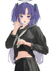 Rule 34 | 1girl, absurdres, alternate costume, black sailor collar, black serafuku, black shirt, black skirt, blue archive, blue eyes, blue hair, blush, clothes lift, commentary request, halo, hand up, highres, index finger raised, lifted by self, long hair, long sleeves, looking at viewer, mechanical halo, midriff peek, neckerchief, open mouth, pleated skirt, randouworks, sailor collar, school uniform, serafuku, shirt, shirt lift, simple background, skirt, solo, tongue, two side up, white background, white neckerchief, yuuka (blue archive)