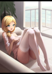 Rule 34 | 1girl, absurdres, bed, blonde hair, blue eyes, breasts, hair ornament, hairclip, highres, large breasts, long hair, looking away, lying, no shoes, notepad, on back, on bed, open mouth, panties, pantyshot, rodney (warship girls r), shirt, simple background, smile, solo, thighhighs, underwear, warship girls r, white panties, white shirt, white thighhighs, xueci