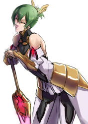 Rule 34 | 1boy, arc system works, armor, armored dress, bad id, bad pixiv id, bare shoulders, blazblue, blazblue: chronophantasma, closed eyes, cosplay, crossdressing, detached sleeves, faulds, green hair, hair ornament, hazama, izayoi (blazblue), izayoi (blazblue) (cosplay), izayoi (cosplay), kaneaki mukku, leaning forward, male focus, rod of remorse, short hair, short ponytail, solo, sword, vambraces, weapon
