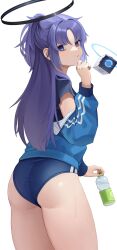 Rule 34 | 1girl, ass, blue archive, blue buruma, blue eyes, blue hair, blue jacket, blue shirt, bottle, buruma, closed mouth, commentary, cowboy shot, eyelashes, from behind, fujisawa sorao, gym uniform, halo, highres, holding, holding bottle, jacket, long hair, looking at viewer, looking back, off shoulder, official alternate costume, parted bangs, ponytail, shirt, simple background, solo, standing, star sticker, sticker on face, sweat, t-shirt, thighs, track jacket, water bottle, white background, yuuka (blue archive), yuuka (track) (blue archive)