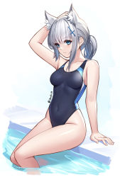 Rule 34 | 1girl, animal ear fluff, animal ears, arm support, arm up, bare arms, bare shoulders, black one-piece swimsuit, blue archive, blue eyes, blush, breasts, bright pupils, closed mouth, commentary, competition swimsuit, covered navel, cross hair ornament, english commentary, expressionless, extra ears, grey hair, groin, hair ornament, hand on own head, highleg, highleg swimsuit, highres, jurrig, looking afar, medium breasts, medium hair, mismatched pupils, official alternate costume, one-piece swimsuit, ponytail, resolution mismatch, shiroko (blue archive), shiroko (swimsuit) (blue archive), sidelocks, sitting, soaking feet, solo, source smaller, swimsuit, thighs, twitter username, two-tone swimsuit, white background, white pupils