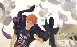 Rule 34 | 1boy, absurdres, brown hair, cage, chatutuan, dutch angle, feathers, haikyuu!!, highres, hinata shouyou, jacket, jacket on shoulders, looking at viewer, male focus, orange hair, short hair, solo, sportswear, twitter username, upper body, volleyball uniform