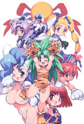 Rule 34 | 00s, 6+girls, animal ears, animal hands, animal print, blonde hair, blue eyes, blue hair, capcom, cat ears, cham cham, cotton (character), cotton (game), crossover, everyone, exelica, fang, felicia (vampire), galaxy fight, gloves, green eyes, green hair, highres, magician&#039;s academy, mecha musume, multi-tied hair, multiple crossover, multiple girls, paw gloves, paw shoes, purple hair, red eyes, red hair, roomi, samurai spirits, shoes, short hair, snk, success, sunsoft, tanarot, tiger print, trigger heart exelica, vampire (game), yu 3