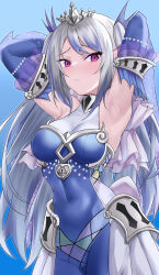 Rule 34 | 1girl, absurdres, armpits, arms behind head, arms up, blue background, blue dress, blush, breasts, cameltoe, commentary request, covered navel, cowboy shot, detached sleeves, dress, duel monster, embarrassed, grey hair, highres, impossible clothes, kirikan (cokekiri), lock, long hair, looking at viewer, medium breasts, partial commentary, purple eyes, simple background, siren (mythology), solo, tearlaments scheiren, tiara, very long hair, very long sleeves, yu-gi-oh!