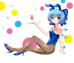 Rule 34 | 1girl, animal ears, blue eyes, blue hair, blue leotard, bow, bowtie, brown pantyhose, cirno, cup, far far, hair bow, high heels, highres, ice, ice wings, leotard, matching hair/eyes, pantyhose, playboy bunny, rabbit ears, ribbon, shoes, short hair, sitting, smile, solo, touhou, tray, wings