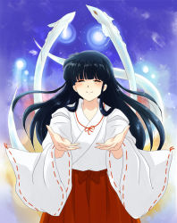 Rule 34 | 1girl, black hair, closed eyes, creature, female focus, glowing, gradient background, hakama, hakama skirt, highres, inuyasha, japanese clothes, kikyou (inuyasha), long hair, miko, outstretched hand, red hakama, skirt, smile, solo, tears, tennen shiori, wide sleeves