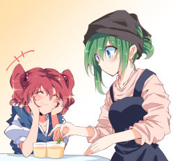 Rule 34 | +++, 2girls, alternate costume, apron, asymmetrical hair, black scarf, blue apron, blue eyes, blue kimono, blush, breasts, coin, coin on string, commentary request, cup, dessert, elbows on table, food, green hair, hair bobbles, hair ornament, hands on own face, head scarf, highres, ichimura kanata, japanese clothes, kimono, large breasts, long sleeves, multiple girls, obi, onozuka komachi, pink shirt, ponytail, puffy short sleeves, puffy sleeves, red hair, sash, scarf, shiki eiki, shirt, short hair, short sleeves, sidelocks, smile, sparkle, table, touhou, two side up