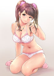 Rule 34 | 1girl, ankle socks, armpits, blush, bra, breasts, brown eyes, brown hair, carina (xiaowoo), cleavage, eyelashes, full body, gradient background, grey background, hand in own hair, head tilt, highres, jewelry, light smile, lingerie, lips, long hair, looking at viewer, mayu (carina), md5 mismatch, navel, necklace, original, panties, pink socks, simple background, sitting, skindentation, smile, socks, solo, stomach, thighs, twintails, underwear, underwear only, wariza, white background
