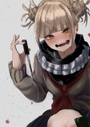 Rule 34 | 10s, 1girl, black scarf, black skirt, blonde hair, blood, blood drip, bloody weapon, blunt bangs, blush, boku no hero academia, breasts, commentary request, double bun, dripping, fangs, hair bun, highres, holding, holding knife, holding weapon, knife, long sleeves, looking at viewer, messy hair, neckerchief, open mouth, pleated skirt, red neckerchief, sailor collar, scarf, school uniform, serafuku, short hair, simple background, skirt, small breasts, solo, teeth, toga himiko, weapon, yellow eyes, zd (pixiv6210083)