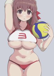 Rule 34 | 1girl, areola slip, ball, blush, breasts, brown eyes, brown hair, buruma, collarbone, commentary request, cowboy shot, elbow pads, girls und panzer, grey background, hand up, headband, highres, holding, holding ball, kondou taeko, large breasts, looking at viewer, medium hair, navel, open mouth, red buruma, red headband, simple background, solo, sportswear, standing, thigh gap, underboob, volleyball, volleyball (object), volleyball uniform, yabai gorilla