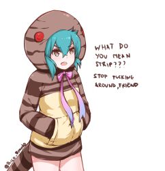 Rule 34 | 10s, 1girl, aqua hair, bare legs, bow, disco brando, english text, hands in pockets, highres, hood, hoodie, kemono friends, looking at another, open mouth, pink bow, pink ribbon, profanity, ribbon, simple background, snake tail, solo, tail, tsuchinoko (kemono friends), twitter username, white background
