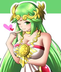 Rule 34 | 1girl, bare shoulders, breasts, datensip, dress, female focus, heart, jewelry, kid icarus, kid icarus uprising, large breasts, long hair, matching hair/eyes, nail polish, nintendo, one eye closed, palutena, solo, strapless, strapless dress, tiara, very long hair, white dress, wink