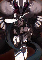 Rule 34 | 1girl, a604531378, black bow, black gloves, black hair, blue hair, bow, choker, claws, creatures (company), dark miku (project voltage), game freak, gen 8 pokemon, gloves, hair between eyes, hair ribbon, hat, hat bow, hatsune miku, highres, holding, holding microphone, long hair, microphone, multicolored hair, nintendo, obstagoon, outstretched hand, pokemon, pokemon (creature), project voltage, red eyes, ribbon, shoulder tattoo, tattoo, tongue, twintails, vocaloid, white headwear