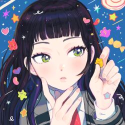Rule 34 | 1girl, 43 pon, bad id, bad twitter id, black hair, blue background, blunt bangs, candy, collared shirt, commentary request, commission, finger to cheek, food, green eyes, grey jacket, gummy bear, hands up, heart, highres, holding, holding candy, holding food, jacket, jelly bean, korean commentary, long hair, long sleeves, looking to the side, necktie, original, parted lips, red necktie, school uniform, shirt, solo, star (symbol), upper body, white shirt