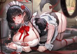 Rule 34 | 1girl, :o, absurdres, all fours, alternate costume, black hair, black panties, black thighhighs, blue archive, blush, bow, bowtie, breasts, bright pupils, cleavage, detached collar, hair ornament, halo, highres, large breasts, long hair, looking at viewer, maid, maid headdress, open mouth, panties, red bow, red bowtie, red eyes, rio (blue archive), short sleeves, solo, tail, tansuan (ensj3875), thighhighs, thighs, underwear, white headwear, white pupils, wrist cuffs