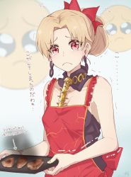 Rule 34 | 1girl, apron, aruti, blonde hair, blue background, breasts, burnt food, crying, crying with eyes open, earrings, emoticon, ereshkigal (fate), fate/grand order, fate (series), hair bun, highres, jewelry, looking at viewer, nail polish, red apron, red eyes, single hair bun, small breasts, solo, symbol-only commentary, tears, translation request, tray, trembling, twitter username, upper body, yellow nails
