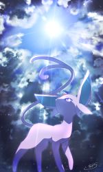 Rule 34 | cloud, commentary request, creatures (company), espeon, forked tail, from below, game freak, gen 2 pokemon, highres, iie efg, nintendo, no humans, pokemon, pokemon (creature), purple eyes, signature, solo, standing, tail