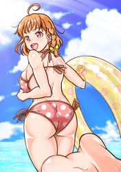 Rule 34 | 1girl, artist name, artist request, back-tie bikini, bare shoulders, barefoot, bikini, blue sky, blush, bow, braid, breasts, close-up, cloud, day, feet, female focus, floating hair, from behind, hair bow, highres, looking at viewer, looking back, love live!, love live! sunshine!!, medium breasts, ocean, orange hair, outdoors, parted lips, pink bikini, polka dot, polka dot bikini, red eyes, short hair, side-tie bikini bottom, side braid, sideboob, single braid, sky, smile, solo, swimsuit, takami chika, teeth, yellow bow