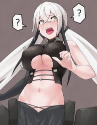 Rule 34 | 1girl, blush, breasts, cleavage, gaia (girls&#039; frontline), girls&#039; frontline, gloves, groin, krs (karasu), large breasts, long hair, low twintails, navel, open mouth, sangvis ferri, silver hair, simple background, solo, twintails, underboob, very long hair, yellow eyes