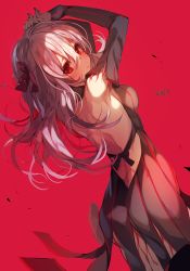 Rule 34 | 1girl, armpits, arms up, back, backless dress, backless outfit, bad id, bad pixiv id, bare shoulders, dark persona, dark sakura, detached sleeves, dress, fate/stay night, fate (series), from behind, long hair, looking at viewer, looking back, matou sakura, original, red background, red eyes, silver hair, simple background, solo, sukja