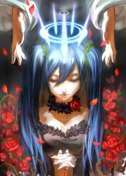 Rule 34 | 1girl, blue hair, closed eyes, flower, halo, hatsune miku, linghetuen, own hands clasped, own hands together, rose, twintails, vocaloid