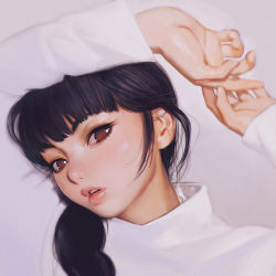 Rule 34 | 1girl, arms up, black hair, blunt bangs, braid, brown eyes, eyelashes, front braid, hair over shoulder, head tilt, ilya kuvshinov, lipgloss, lips, long hair, long sleeves, looking at viewer, no pupils, original, own hands together, palms, parted lips, portrait, single braid, solo, sweater, teeth, turtleneck, upper body