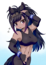 Rule 34 | 10s, 1girl, abs, animal ears, aqua background, arm up, armpits, bare shoulders, black gloves, black hair, black pantyhose, black sports bra, blue wristband, breasts, bridle, brown eyes, brown thoroughbred (kemono friends), collarbone, commentary request, covered erect nipples, cowboy shot, d:, dark-skinned female, dark skin, elbow gloves, eyelashes, fingerless gloves, flying sweatdrops, gloves, gradient background, gradient hair, hand on own head, head tilt, highres, horizontal pupils, horse ears, horse girl, horse tail, kemono friends, large breasts, long hair, looking at viewer, mamiyama, midriff, multicolored hair, navel, open mouth, pantyhose, polka dot, polka dot background, purple hair, sideboob, simple background, solo, sports bra, stomach, swept bangs, tail, toned, two-tone hair, v-neck, wristband