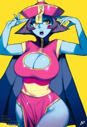Rule 34 | 1girl, :o, aurahack, blue skin, blush, breasts, cleavage, cleavage cutout, clothing cutout, colored skin, commentary, dress, english commentary, highres, jiangshi, large breasts, lei lei, looking to the side, open hand, open mouth, pelvic curtain, pink dress, pink headwear, purple hair, solo, talisman, vampire (game), yellow background, yellow eyes
