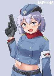 Rule 34 | 1girl, armband, belt, black gloves, blush, buttons, character name, crop top, double-breasted, girls&#039; frontline, gloves, grey background, grey eyes, grey hair, groin, gun, hand up, handgun, highres, holding, holding gun, holding weapon, ki-51 (ampullaria), midriff, military, military uniform, mp-446 (girls&#039; frontline), mp-446 viking, navel, open mouth, red scarf, scarf, short hair, solo, tongue, trigger discipline, uniform, weapon