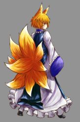 Rule 34 | 1girl, animal ears, blonde hair, dress, fox ears, fox tail, frilled dress, frills, from behind, looking back, mild pitch, multiple tails, no headwear, short hair, tail, touhou, wide sleeves, yakumo ran, yellow eyes