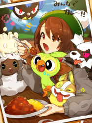 Rule 34 | 1girl, blue sky, blurry, blurry background, blush, brown eyes, brown hair, cardigan, cloud, commentary request, creatures (company), curry, curry rice, day, depth of field, food, galarian form, galarian zigzagoon, game freak, gen 3 pokemon, gen 8 pokemon, gloria (pokemon), green headwear, grey cardigan, grookey, hair between eyes, hat, highres, holding, holding plate, holding spoon, long sleeves, milcery, nima (niru54), nintendo, outdoors, plate, pokemon, pokemon (creature), pokemon swsh, puffy long sleeves, puffy sleeves, rice, rookidee, sheep, sky, spoon, star (symbol), tam o&#039; shanter, translation request, tree, wooloo, yamper, zigzagoon