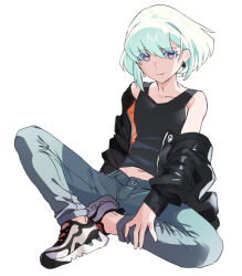 Rule 34 | 1boy, ahoge, alternate costume, backlighting, black jacket, black tank top, blue pants, casual, colored eyelashes, commentary request, denim, earrings, full body, green hair, hair behind ear, jacket, jeans, jewelry, light smile, lio fotia, looking at viewer, male focus, navel, ns1123, open clothes, open jacket, pants, promare, purple eyes, shoes, short hair, sidelocks, simple background, sitting, sneakers, solo, tank top, trap, triangle earrings, white background