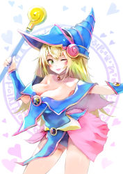 Rule 34 | 1girl, absurdres, bana (stand flower), bare shoulders, blonde hair, blush, blush stickers, breasts, choker, cleavage, dark magician girl, detached sleeves, duel monster, green eyes, hat, highres, large breasts, long hair, looking at viewer, open mouth, pentacle, smile, solo, staff, wizard hat, yu-gi-oh!, yuu-gi-ou, yu-gi-oh! duel monsters