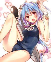 Rule 34 | 1girl, :d, blue hair, breasts, highres, i-19 (kancolle), kantai collection, long hair, medium breasts, one-hour drawing challenge, one-piece swimsuit, open mouth, red eyes, school swimsuit, smile, solo, swimsuit, toosaka asagi