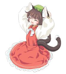 Rule 34 | 1girl, :d, animal ear fluff, animal ear piercing, animal ears, arms up, blush, bow, bowtie, brown hair, cat ears, cat tail, chen, closed eyes, commentary request, earrings, flat chest, forked tail, from above, full body, hands on own head, happy, hat, jewelry, long sleeves, mob cap, nekomata, open mouth, puffy long sleeves, puffy sleeves, red skirt, red vest, s-a-murai, short hair, simple background, single earring, skirt, skirt set, smile, solo, tail, touhou, vest, white background, white bow, white bowtie
