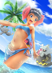 Rule 34 | 1girl, :d, absurdres, bandeau, banette, bare shoulders, black hair, blue eyes, blue sarong, blue sky, blush, breasts, bro.you-yan, cloud, collarbone, commentary request, covered erect nipples, cowboy shot, creatures (company), dark-skinned female, dark skin, day, dusknoir, elite four, floral print, flower, game freak, gen 3 pokemon, gen 4 pokemon, groin, hair flower, hair ornament, hibiscus print, highres, looking at another, mega pokemon, mega sableye, midriff, navel, nintendo, ocean, open mouth, palm tree, phoebe (pokemon), pokemon, pokemon (creature), pokemon oras, print sarong, ribs, sableye, sarong, short hair, sky, small breasts, smile, solo focus, standing, teeth, tree, underboob, upper teeth only, wading