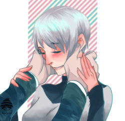 Rule 34 | 1boy, 1girl, artist name, blush, connor (detroit), detroit: become human, closed eyes, formal, hand on another&#039;s arm, hands on another&#039;s face, hetero, kara (detroit), short hair, smile, suit, white hair