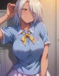 Rule 34 | 1girl, blue shirt, blush, breasts, closed mouth, female focus, full body, grey background, joshi luck!, large breasts, looking at viewer, pose imitation, shirogane sakura, shirt, short hair, skirt, smile, smiley face, solo focus, white hair, white skirt, yellow eyes