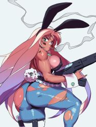 Rule 34 | 1girl, animal ears, ass, assault rifle, bad id, bad twitter id, bandaid, bandaid on face, bandaid on nose, bandolier, black leotard, blue pantyhose, breasts, cigarette, commentary, covered erect nipples, dark-skinned female, dark skin, english commentary, eyelashes, facepaint, fake animal ears, fake tail, gun, holding, holding gun, holding weapon, holster, large breasts, leotard, lips, long hair, looking at viewer, m/, muscular, muscular female, nail polish, nose, original, pantyhose, pink hair, playboy bunny, rabbit ears, rifle, robaato, sideboob, smoking, solo, strapless, tail, thick thighs, thigh holster, thighs, thong leotard, toned, torn clothes, torn pantyhose, very long hair, weapon, white background, wrist cuffs