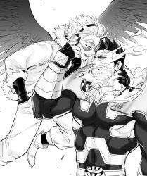 Rule 34 | 2boys, absurdres, armor, bodysuit, boku no hero academia, couple, covered abs, covered navel, endeavor (boku no hero academia), eye contact, facial hair, feathered wings, fingerless gloves, flying, gloves, greyscale, hawks (boku no hero academia), helen roro, highres, large pectorals, looking at another, male focus, mature male, monochrome, multiple boys, muscular, muscular male, pauldrons, pectorals, scar, scar across eye, scar on face, short hair, shoulder armor, sideburns, smile, spiked hair, stubble, upper body, vambraces, wings, yaoi